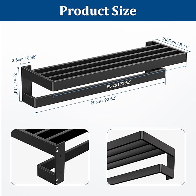 TNOMS Matte Black Towel Rack 23.6-inch Towel Bar Double Towel Holder Stainless Steel Bathroom Hardware Accessories Set