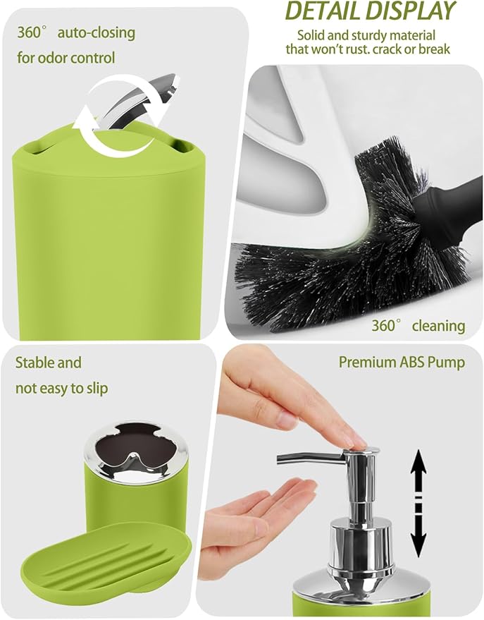 Lnond Green Bathroom Set, 22-Piece Green Black Geometry Bathroom Decor Set with with Shower Curtain and Rugs, Trash Can, Toilet Brush Holder Set & Soap Dispenser