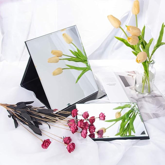 LONGSHENG - SINCE 2001 - Protable PU Leather Mirror Folding Desktop Makeup Mirror with Adjustable Stand for Personal Use,Travelling (M, Black)