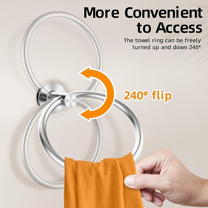 Brushed Silver Towel Ring, SUS304 Stainless Steel Hand Towel Holder for Bathroom Kitchen, Modern Style Towel Hanger, Thicken Ring Towel Holder, Towel Rack Round Wall Mounted (1, Brushed Silver)