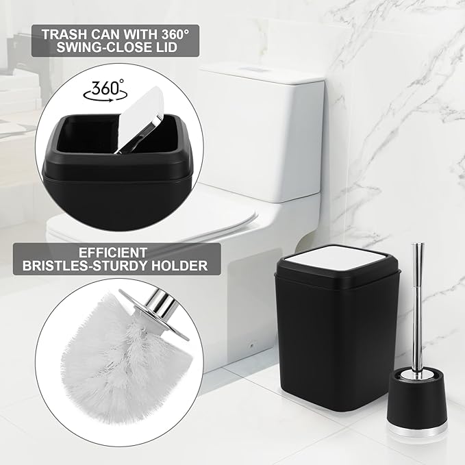 XLHOMO Black Bathroom Accessories Set - 10 Piece Bathroom Set with Trash Can and Toilet Brush, Soap Dispenser, Toothbrush Holder and Cup, Soap Dish, and Qtip Holder, for Housewarming Gift