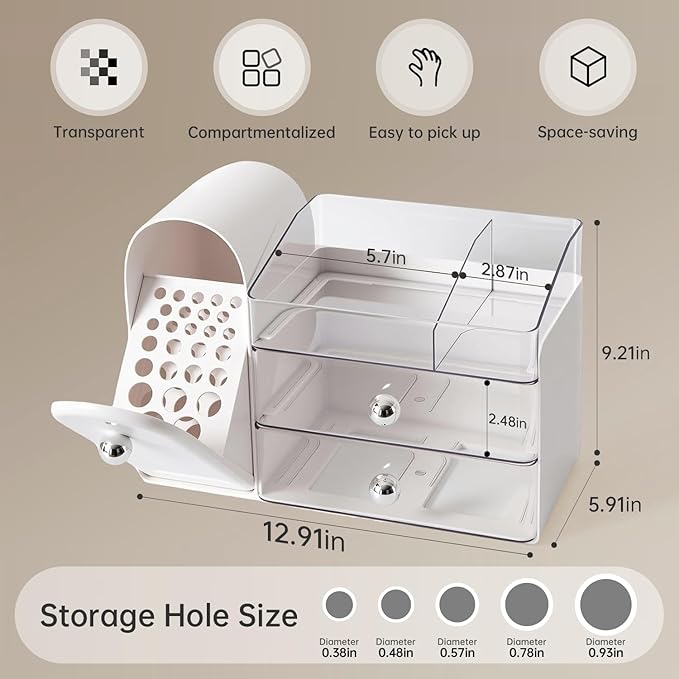 Makeup Organizer with Brush Holder, Large Cosmetic Storage with 2 Drawers, Skincare Organizer for Bathroom Countertop, Vanity Organizer for Lipstick, Perfume, Nail Polish, Beauty Gifts (White)