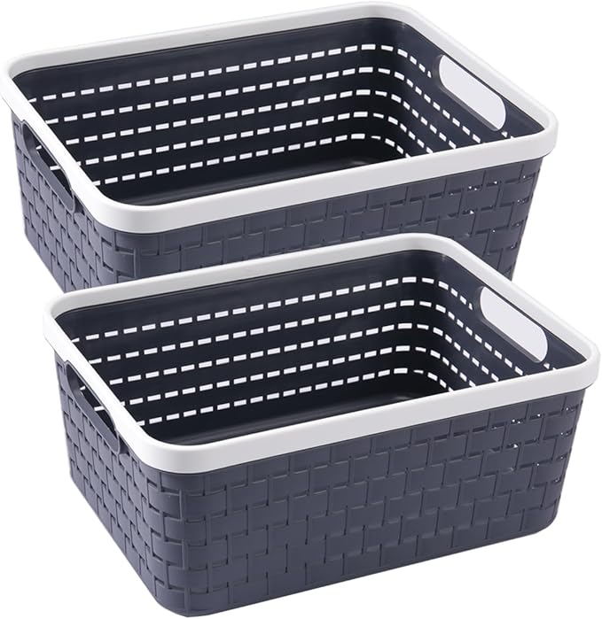 Plastic Storage Bin Baskets, Toilet Paper Basket for Bathroom, Plastic Organizer Shower Caddy with Handles for Living Room (Small Grey 2 pack)