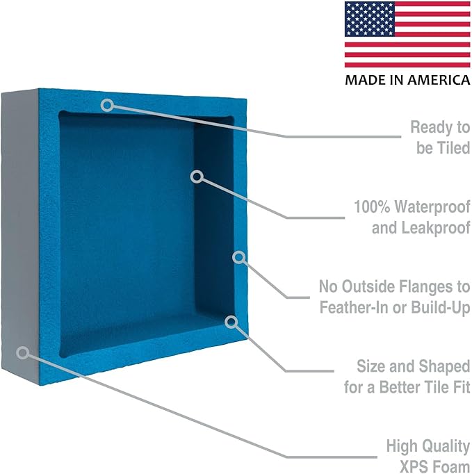 Noble 301 Preformed 12" x 12" ID Square Shower Niche, Tub, Caddy, Modern Bathroom Storage Solution, Water-Resistant, Easy Install Ideal for Toiletries Shampoo Shower Accessories, DIY, No Shelf