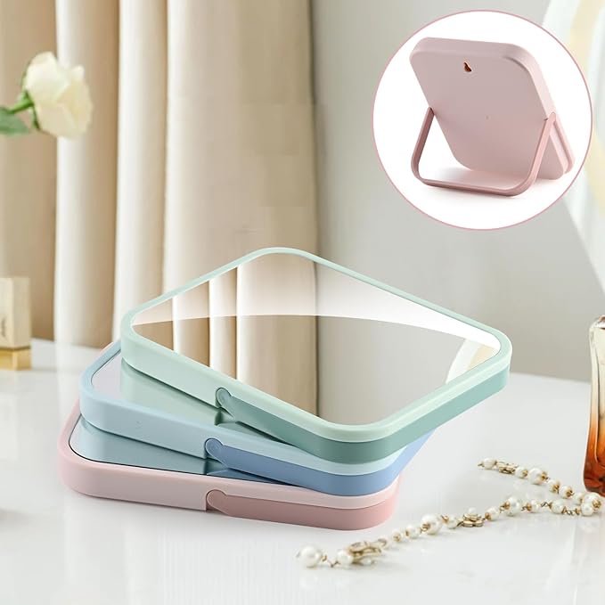 Desk Makeup Mirror 6 x 7 inches Table Mirror with Foldable Stand and Hanging Hole for Shaving and Travelling, Perfect for Dorm Room Cabinets, Refrigerator, Office.