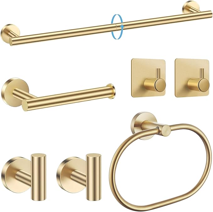 Brushed Gold Bathroom Accessories Set, 7 Pieces Gold Towel Bar Bathroom Hardware Set, 24 Inch Towel Racks for Bathroom, SUS304 Stainless Steel Bathroom Towel Holder Toilet Paper Holder Wall Mounted