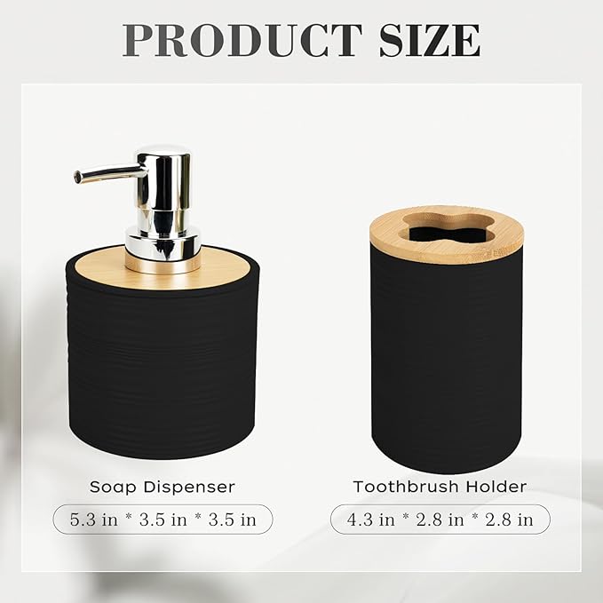 2 PCS Black Bathroom Accessories Set, Soap Dispenser and Toothbrush Holder Set, Plastics & Bamboo Bathroom Set, Bohemian Style Bathroom Sink Set