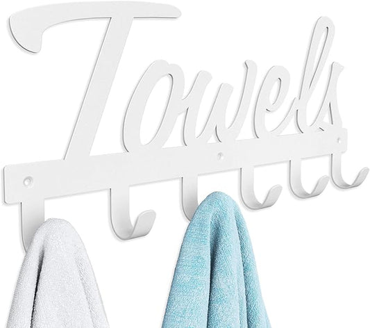Livelab Towel Rack, Towel Racks for Bathroom Wall Mounted, 6 Hooks White Towel Holder for Bathroom Space Saving, Waterproof Rustproof Easy Install Towel Hanger for Bathroom, Pool, Living Room