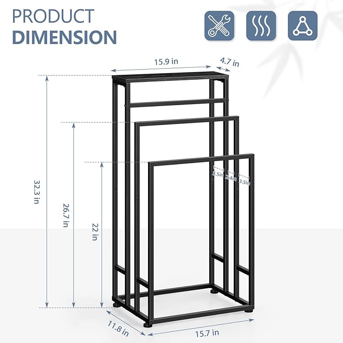 Freestanding Towel Rack for Bathroom 3 Tier Metal Floor Towel Stand Industrial Blanket Ladder Holder with Storage Shelf for Bedroom Living Room, Black