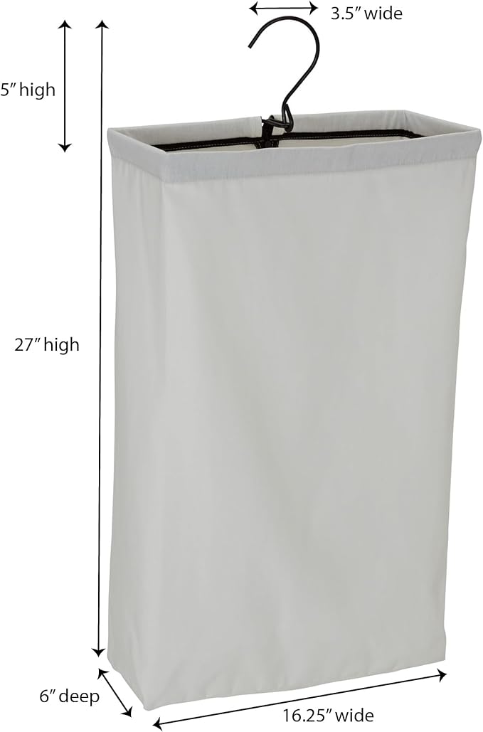 Household Essentials Door Hanging Laundry Bag, Washable Canvas Bag with Loop Handle, Holds Two Loads of Laundry, Great for Dorms and Small Spaces, White with Black Trim
