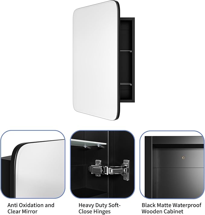 AGDULL Vintage-Style Bathroom Wood Black Cabinet with 16.5''x24'' Curved Mirror, Recessed Medicine Cabinet, in-Wall or Surface Mount Bathroom Storage Cabinet