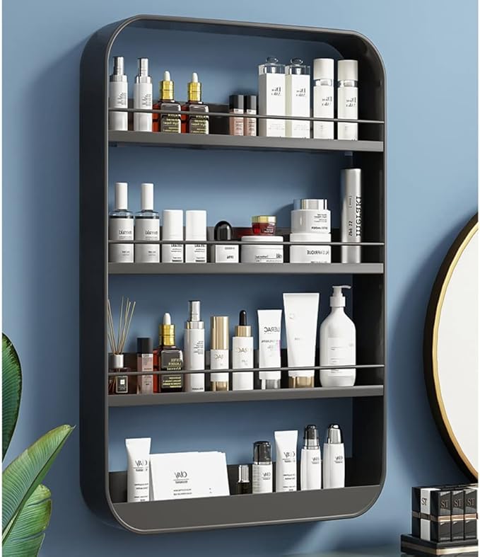 Punch- Bathroom Shelf, Wall-Mounted Makeup Organizer, Cosmetic Storage Rack, Multi-Layer Large Capacity, 10kg Load-Bearing,Black-40 * 60cm