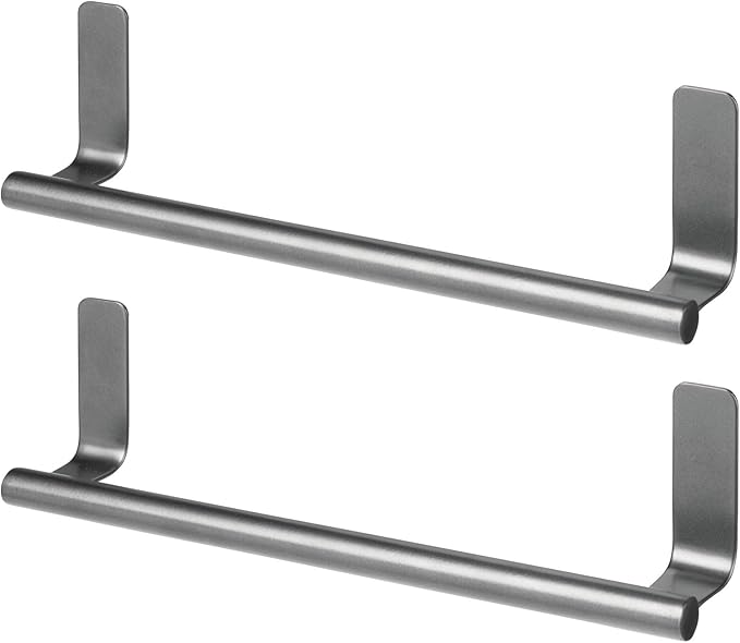 mDesign Steel Wall-Mounted Towel Rack Storage Holder - Self-Adhesive Space Saving Bar for Kitchen, Holds Hand and Dish Towels, Stick on Doors, Cabinet, Cupboard, Omni Collection, 2 Pack, Graphite Gray