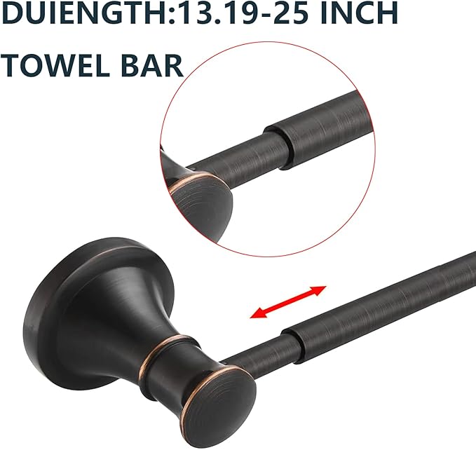 Oil Rubbed Bronze Brushed Black 4 Piece Set, Wall Mount Hardware with Adjustable Single Towel Bar Rack, Towel Ring, Toilet Towel Holder, Double Towel Hooks