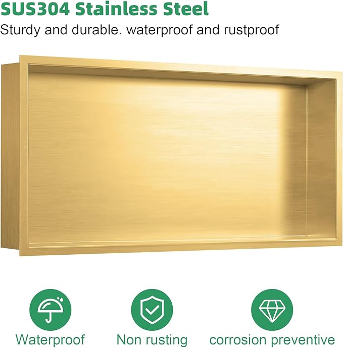 SaniteModar Shower Niche, Stainless Steel Shower Niche No Tile Needed, Recessed for Bathroom Storage (Brushed Gold, 12x24)