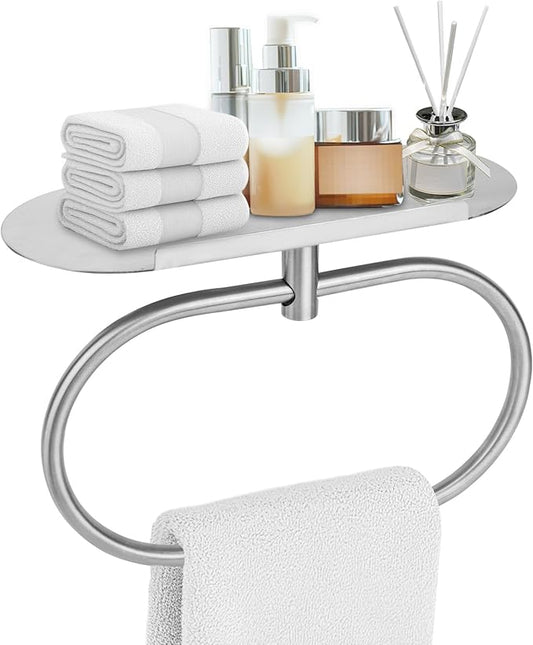 Hand Towel Holder with Shelf, Oval Durable 304 Stainless Steel Adhesive Bathroom Towel Bar Stand Rack Hanger Wall Mounted Rings Practical Kitchen Bathroom Accessories(Silver)