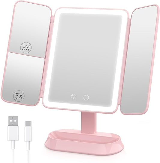 FRANO Rechargeable Trifold Makeup Mirror with Lights, 1X/3X/5X Magnification, Cordless 3-Color LED Vanity Mirror for Travel & Desk, Up to 20H Use, Ideal Gift for Women & Teens - Pink