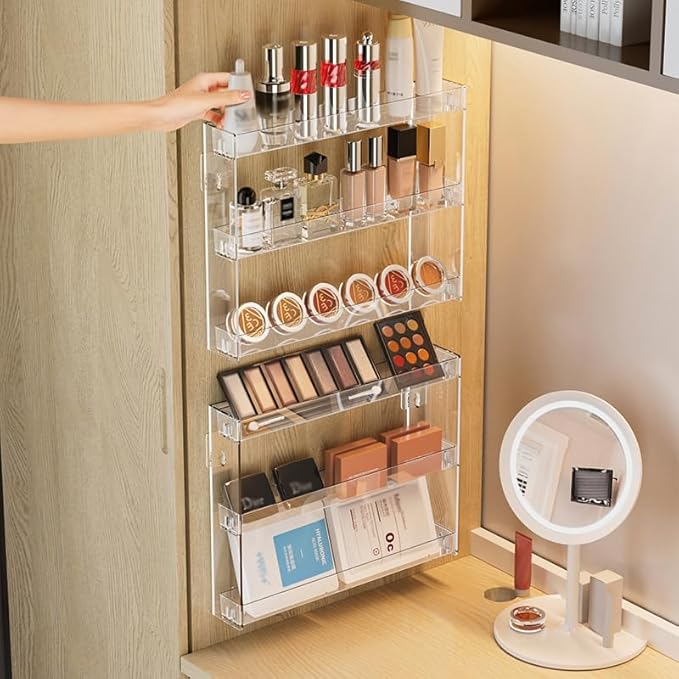 3 Layers Makeup Organizer Wall Mounted, Acrylic Invisible Floating Shelves with Anti-Slip Adhesive Backing, Sunglasses Display Rack, Nail Polish Storage, Clear (2 Pack)