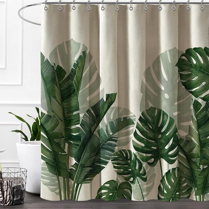 Baccessor Linen Shower Curtain Long 72 W X 84 L Inch Tropical Green Leaf Shower Curtains Botanical Banana Monstera Leaf Palm Tree Waterproof Heavy Duty Fabric Cloth Shower Curtain for Bathtubs Hotel