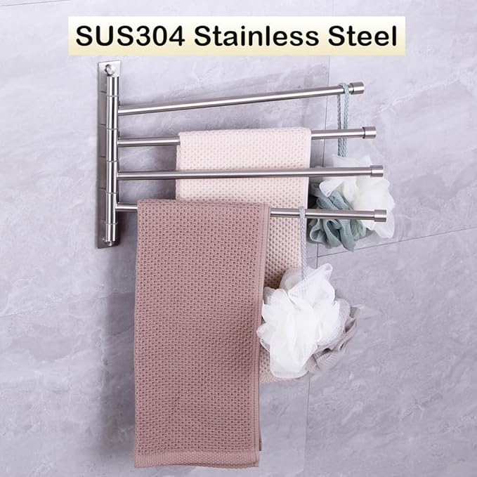 Swivel Towel Bar 4-Arm Bathroom Towel Holder Wall-Mounted Swing Out Towel Rack with Hooks Rustproof Brushed Finish