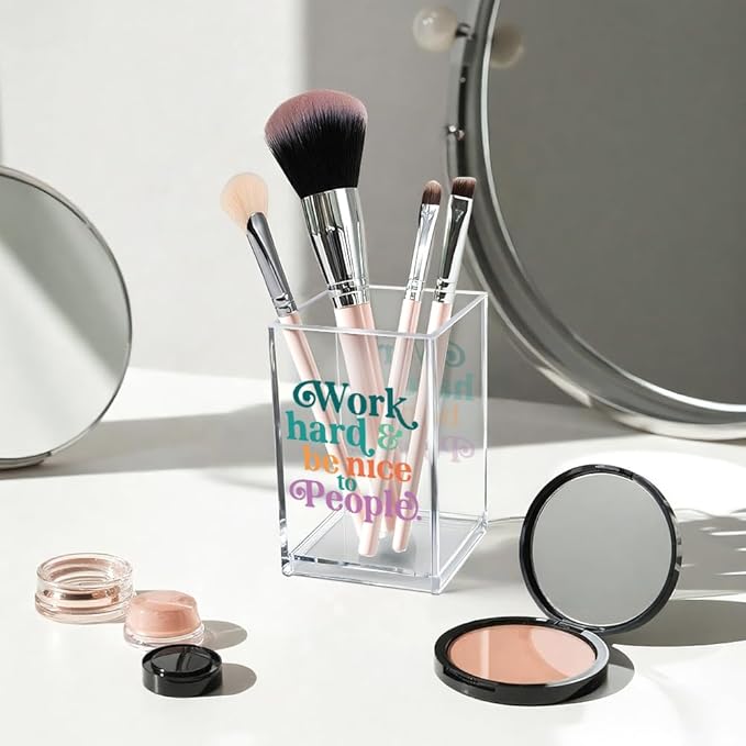 Work Hard Be Nice to People Acrylic Cosmetic Pencil Pen Holder Cup, Inspirational Quote Pen Holder Cup, Motivational Office Gifts for Women Men, Mental Health Gifts for Women Colleague Teacher