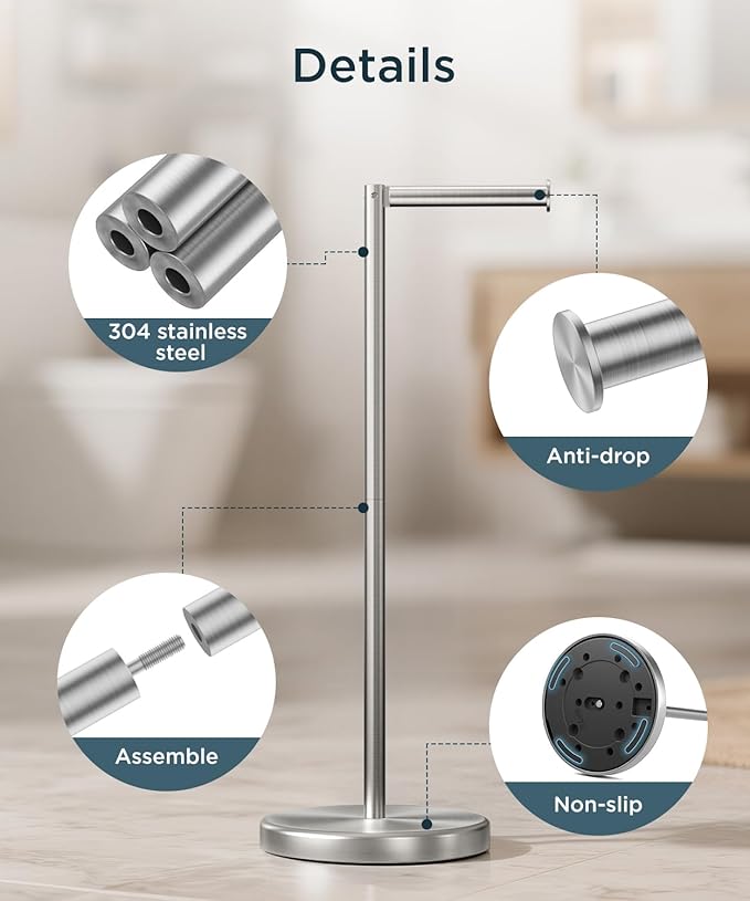 FORIOUS Toilet Paper Holder Stand, Toilet Paper Storage with 4 Rolls, Freestanding Tissue Roll Holder for Bathroom, Durable 304 Stainless Steel and Weighted Base Toilet Paper Stand, Brushed Nickel