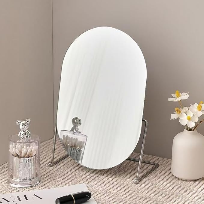 Vanity Desk Table Mirror with Stand Makeup Mirrors for Desk, Adjustable Rotation Vintage Oval Tabletop Silver Make Up Bathroom Mirror for Women