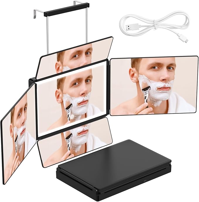 OLIBUY 5 Way Mirror, 360 Mirror for Self Hair Cutting and Brading Hair, Clear Anti-Fog HD Glass, USB Rechargeable, Portable Height Adjustable Telescoping Hooks