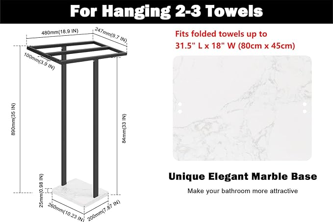 Livabber Standing Towel Rack, 304 Stainless Steel 2 Tier Towel Holder Stand with Heavy Marble Base, Stylish Floor Towels Bar for Bathroom Accessories, Laundry Room, Pool (Black)