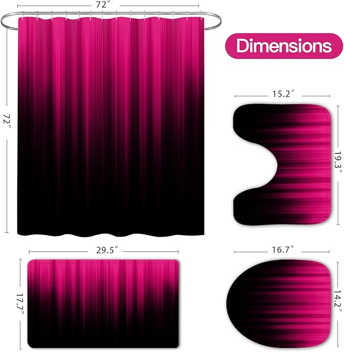 Litabel 4 Pcs Hot Pink and Black Gradient Shower Curtain Set with Rugs and Toilet Lid Cover, Modern Simple Waterproof Fabric Bathroom Set, Ombre Stripe Gothic Abstract Bathroom Decor Set Accessories