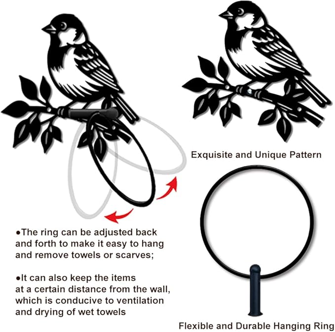 MAYJOYDIY Bird Metal Towel Ring Round Branch Bird Hand Towel Holder Ring Hanger Black Vintage Towels Wall Organizer for Kitchen Bath Home Laundry Room Decors Gifts