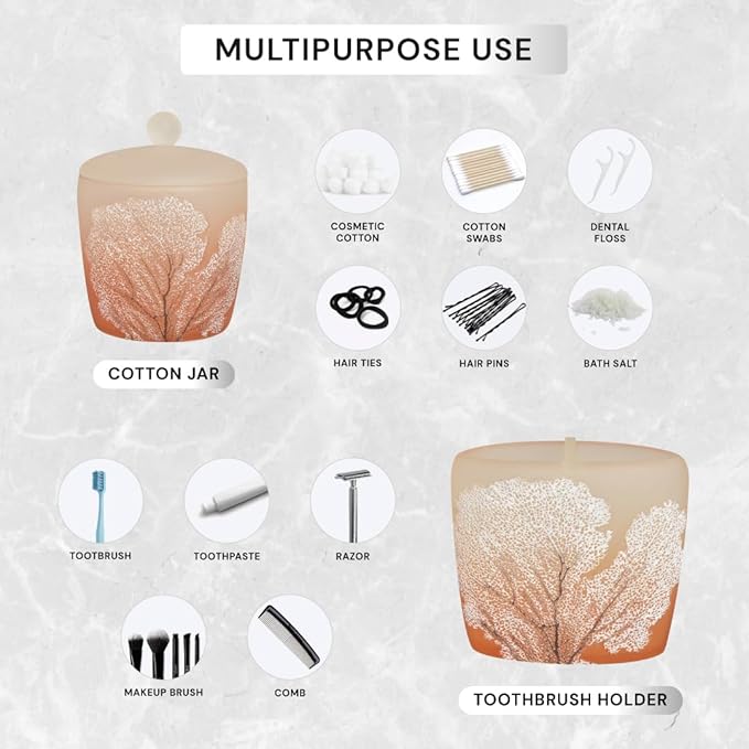 Decozen Bathroom Accessories 6Pcs Set, Soap Dispenser, Toothbrush Holders, Tumbler, Soap Dish & Cotton Swab Jar – Modern Bathroom Decor, Modern Farmhouse Decor, Countertop Accessories, Orange