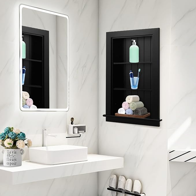 14 x 24 Medicine Cabinet Recessed, Wall Niche, Bathroom Wall Cabinet, 3-Tier, Between Studs Shelving for Drywall, Black