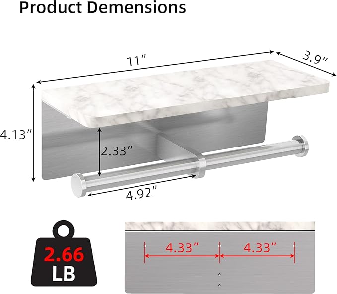 Brushed Nickel Toilet Paper Holder with Shelf, New Upgrade Double Toilet Paper Holder with Storage, Marble Roll Toilet Paper Wall Mount for Bathroom Washroom
