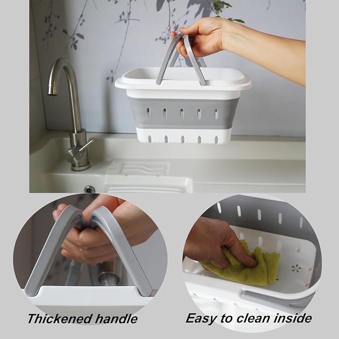 Portable Folding Plastic Bath Caddy with Handle, Perforated, Travel Bathroom Organizer for Bedroom, Bathroom, Shower, Dorm Room, Camping and RV Use (Grey, 2 pack)