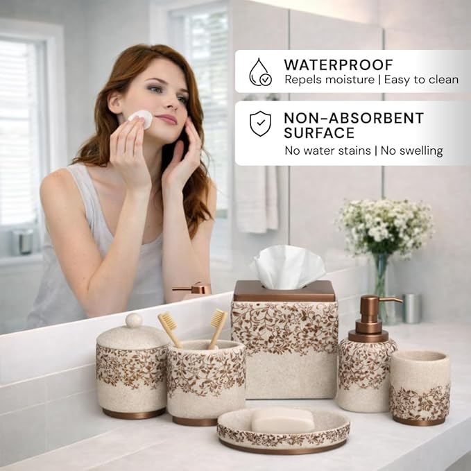 Decozen Bathroom Accessories 6Pcs Set, Soap Dispenser, Toothbrush Holders, Tumbler, Soap Dish & Cotton Swab Jar – Modern Bathroom Decor, Modern Farmhouse Decor, Countertop Accessories, Beige
