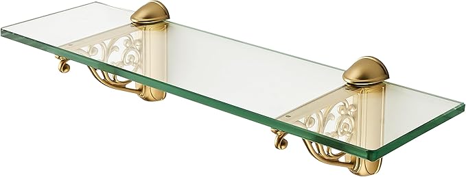 khtumeware 16 Inches Glass Shelves for Bathroom, Brushed Gold Floating Glass Shelf Zinc Tempered Glass Bathroom Shelves for Wall Mount Modern