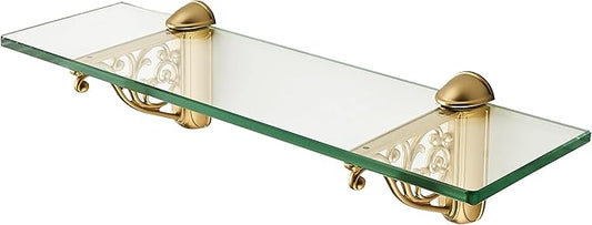 khtumeware 16 Inches Glass Shelves for Bathroom, Brushed Gold Floating Glass Shelf Zinc Tempered Glass Bathroom Shelves for Wall Mount Modern