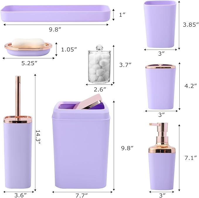 XLHOMO 9-Piece Bathroom Accessories Set, Purple Bathroom Accessories Sets Complete with Trash Can,Tray,Soap Dispenser,Toothbrush Holder,Toothbrush Cup,Soap Dish,Toilet Brush and Q-tip Holders