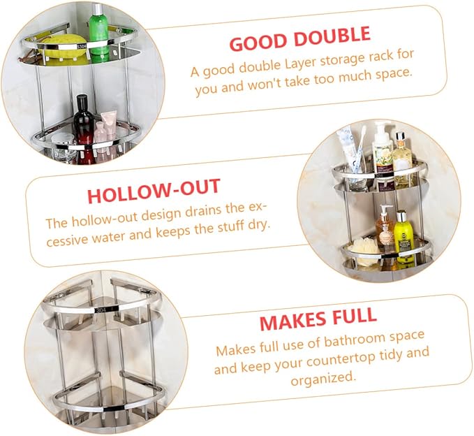 Garneck Stainless Steel Double Layer Triangle Corner Storage Rack Bathroom Organizer Shelf for Toiletries and Essentials Material Space-Saving Design