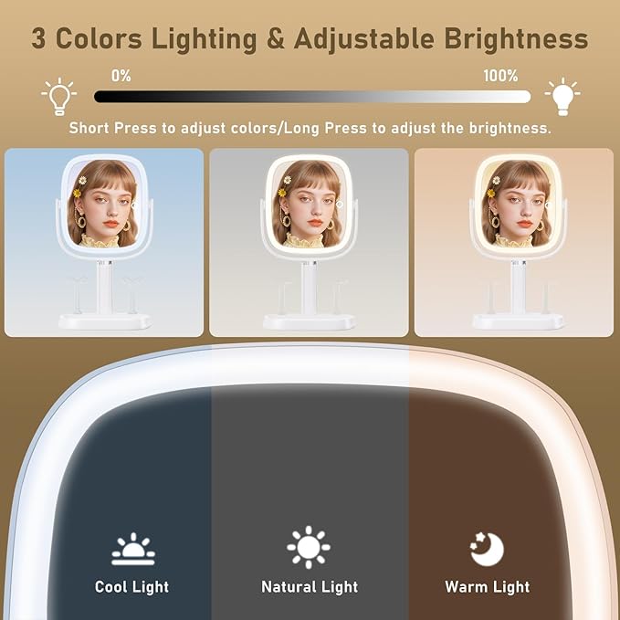 FRANO Vanity Mirror with Lights, Rectangular Lighted Makeup Mirror with 3 Color Lights, 1X/10X Magnification, Adjustable Height, 360° Rotation, 4000mAh Rechargeable for Desk, Gifts for Women