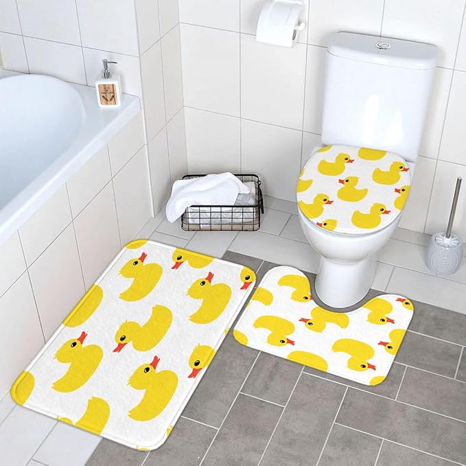 Ansouyi 4Pcs Bathroom Shower Curtain Sets with Non-Slip Rugs, Toilet Lid Cover and Bath Mat, Yellow Cartoon Duck on White Durable Waterproof Shower Curtain for Bathroom Set, 72x72 Inch