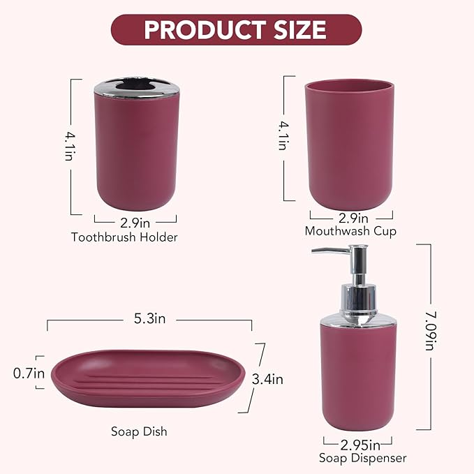 Red Bathroom Accessories Set, 4 Piece Plastic Bathroom Toothbrush Holder Set, Include Soap Dispenser, Toothbrush Holder, Rinse Cup, Soap Dish, Boho Burgundy Bathroom Decor for Home, Bathroom Set