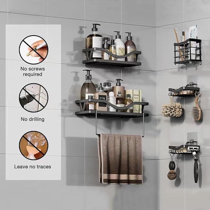Package of 14, Replacement Hooks and Shelf Strips - No Drilling, Shower Organizer for Caddy, Basket and Rack Holders