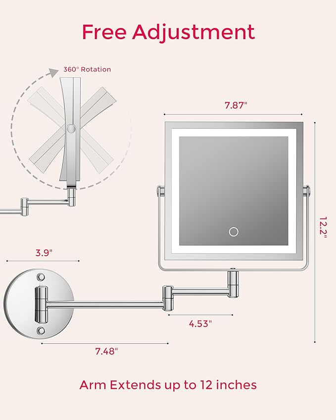 Rechargeable Wall Mounted Makeup Mirror with Lights, 4000mAh Double Sided 1X/10X Magnifying Vanity Mirror with 3 Color Lights, Touch Dimmable, 360° Extension Foldable Arm (Chrome)