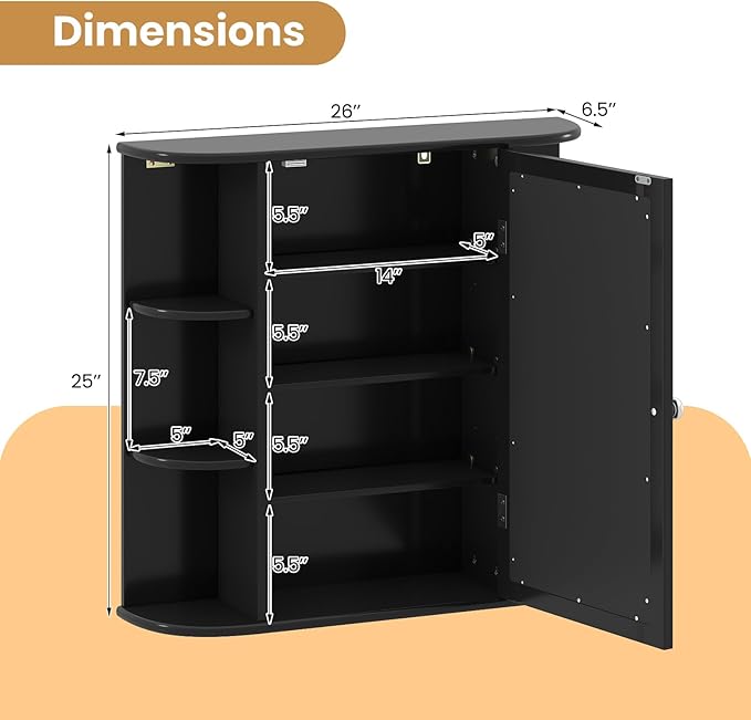 COSTWAY Medicine Cabinet with Mirror, Wall Mounted Bathroom Storage Cabinet with Mirror Door and Adjustable Shelves, Space-Saving Storage Organizer for Living Room Kitchen Entryway (Black)