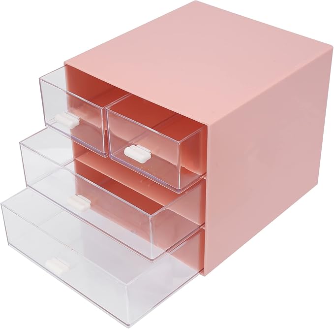 Makeup Organizer, Desk Organizer with 4 Drawers, Sundries Organizer, Cosmetic Organizer, Bathroom Counter, Pink