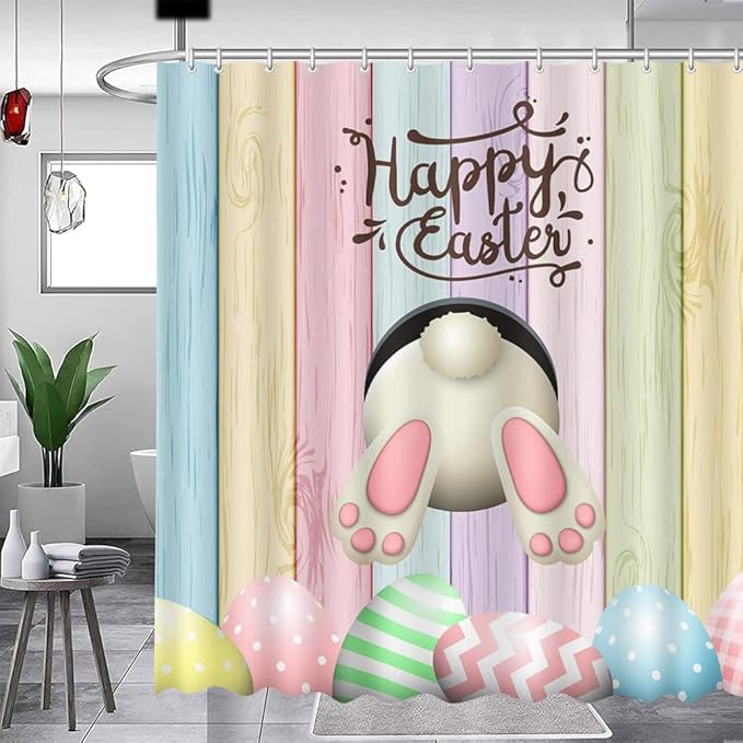 MEHOFOND 4pcs Easter Shower Curtain Sets with Non-Slip Rugs Toilet Lid Cover and Bath Mat Bunny Easter Bathroom Curtain Decor Set with 12 Hooks Waterproof Shower Curtain Set for Bathroom