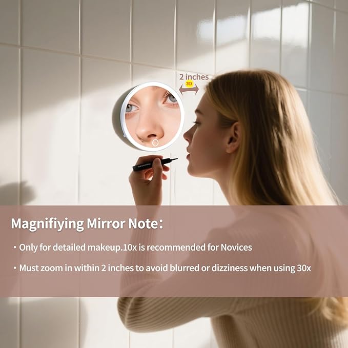 6" 30X Magnifying Mirror with Light Suction Cup,Led Close up Mirror for Checking Pores with 360° Stand,3 Color Lighted Personal Mirror 30X,30 Times High Magnification Concave Mirrors