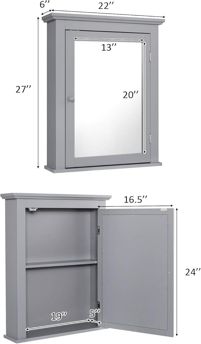 Tangkula Bathroom Cabinet with Mirror, Mirrored Wall-Mounted Storage Medicine Cabinet w/Single Door & Adjustable Shelf in 5 Positions, Multipurpose Wall Cabinet for Bathroom (Gray)